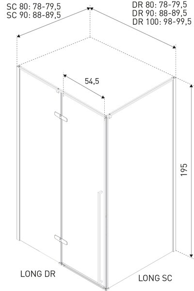 Novoterm Obdĺžnikový sprchovací kút NV-Long 80x90 čierna/transparent - bez vaničky