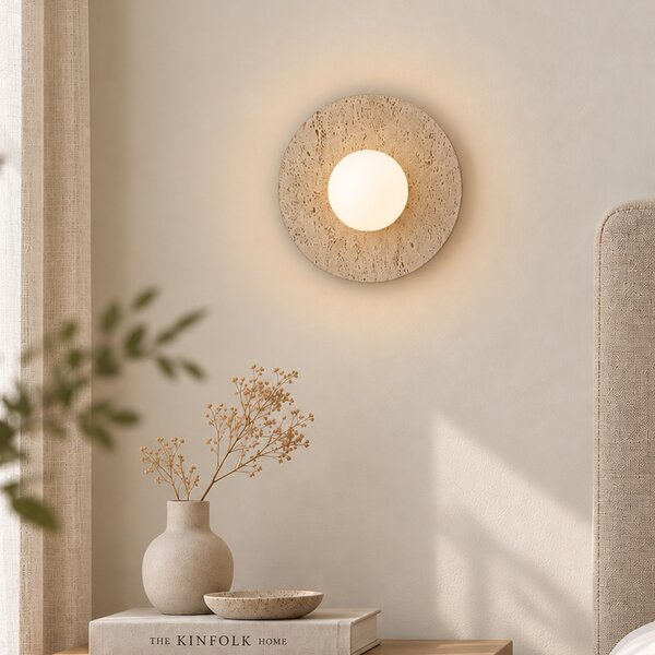 Nástenná lampa Japandi okrúhla z prírodného kameňa s opálovým sklom - Josie