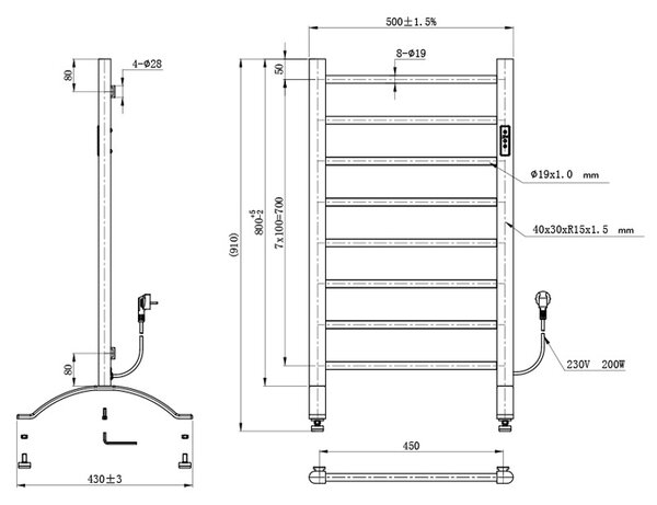 BPS-koupelny Elektrický kúpeľňový radiátor TAAL BL 200W, 50x91 cm, čierny