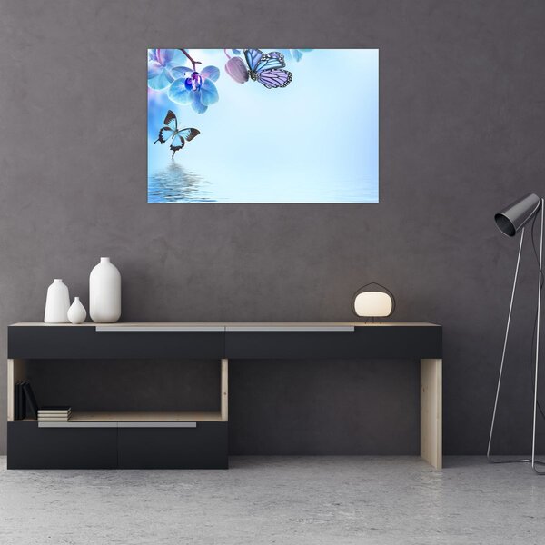Obraz - Motýľ na kvetoch orchidey, modrý (90x60 cm)