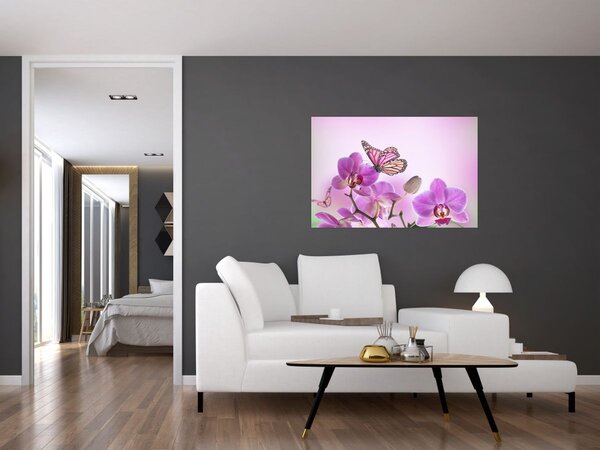 Obraz - Motýľ na kvetoch orchidey, lila (90x60 cm)