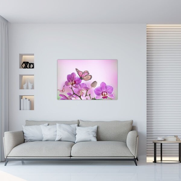 Obraz - Motýľ na kvetoch orchidey, lila (90x60 cm)