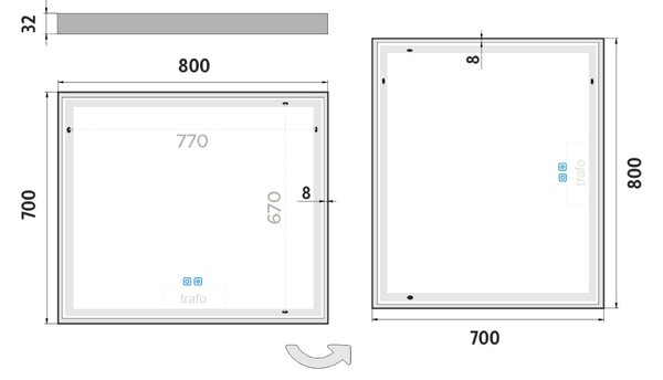 Nimco Biele LED zrkadlo 800x700 s dvoma dotykovými senzormi - ZPB 13003VX-05