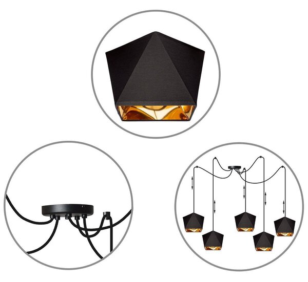 Závesné svietidlo Diamond Gold Spider, 5x čierne/zlaté textilné tienidlo