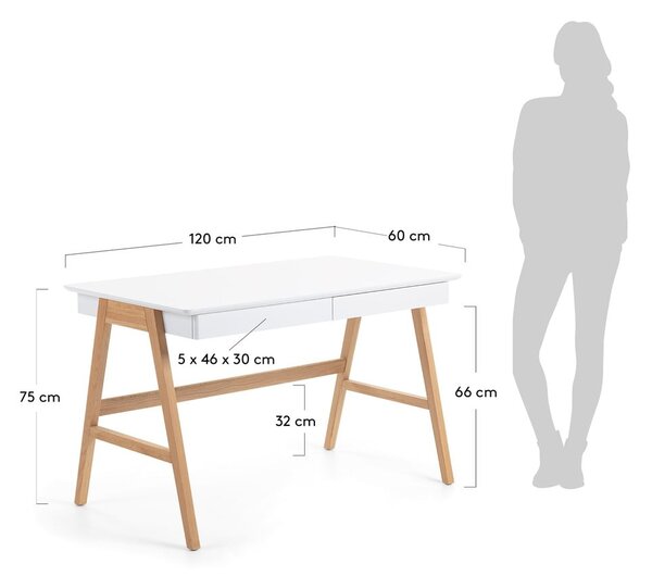 Pracovný stôl s bielou doskou Kave Home Ingo, 120 x 60 cm