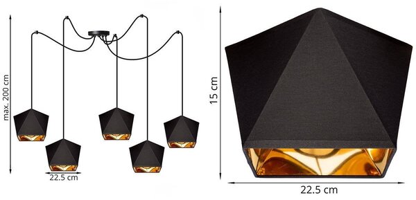 Závesné svietidlo Diamond Gold Spider, 5x čierne/zlaté textilné tienidlo