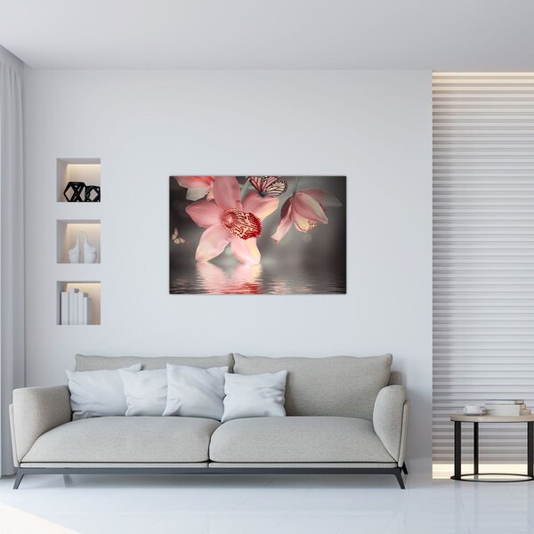 Obraz - Kvety a motýľ (90x60 cm)