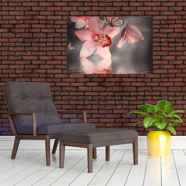 Obraz - Kvety a motýľ (90x60 cm)