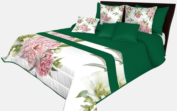 Prehoz na posteľ v zelenej farbe s potlačou veľkej ružovej kvetiny Zelená