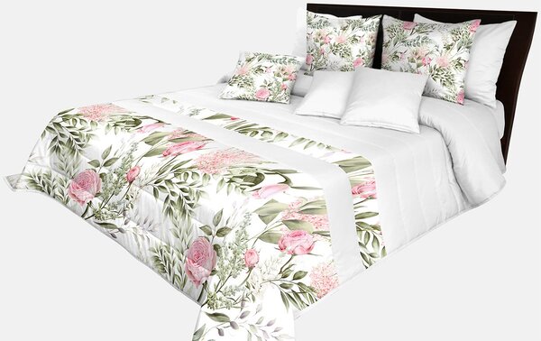 Prešívaný prehoz na posteľ v bielej farbe s krásnymi ružovými kvetinami Biela
