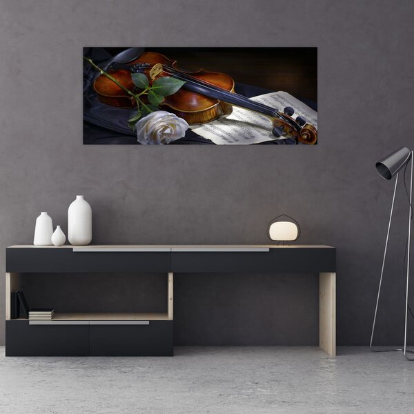 Obraz - Ruže a husle (120x50 cm)
