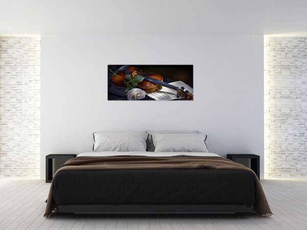 Obraz - Ruže a husle (120x50 cm)