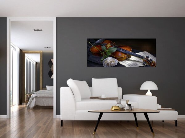 Obraz - Ruže a husle (120x50 cm)