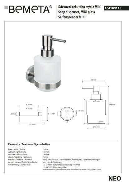 Bemeta Design NEO: Dávkovač mydla, 200 ml - 104109115