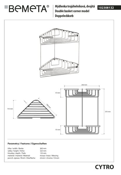 Bemeta Design CYTRO: Polička, do sprchy, dvojitá, rohová - 102308132