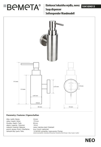 Bemeta Design NEO: Dávkovač mydla, 150 ml - 104109015