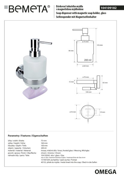 Bemeta Design OMEGA: Dávkovač mydla, 200 ml, s magnetickou mydelničkou - 104109182