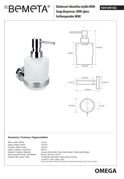 Bemeta Design OMEGA: Dávkovač mydla, 200 ml - 104109102