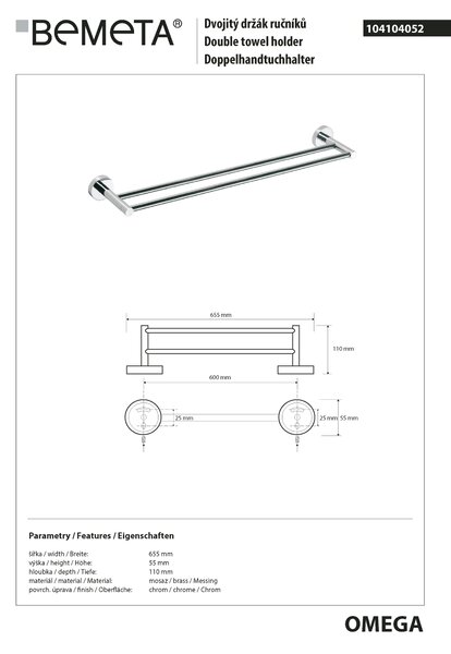 Bemeta Design OMEGA: Držiak uterákov, 600 mm, dvojitý - 104104052