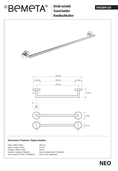 Bemeta Design NEO: Držiak uterákov, 450 mm - 104204125