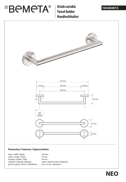 Bemeta Design NEO: Držiak uterákov, 300 mm - 104204015