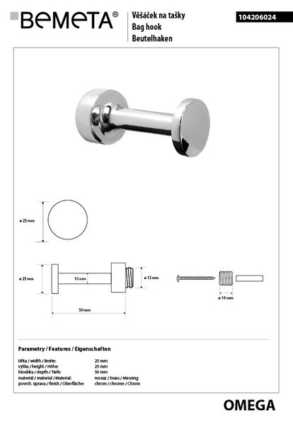 Bemeta Design OMEGA: Háčik, na tašku - 104206024