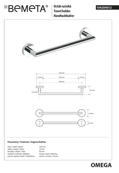 Bemeta Design OMEGA: Držiak uterákov, 300 mm - 104204012