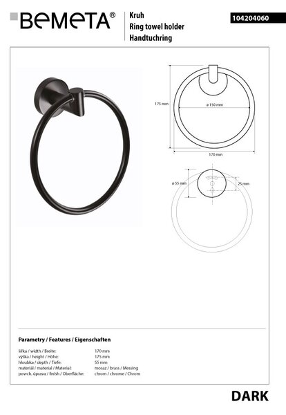 Bemeta Design DARK: Držiak uterákov, kruhový - 104204060