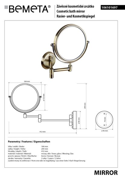 Bemeta Design RETRO bronz: Kozmetické zrkadlo, ø 140 mm, obojstranné - 106101697