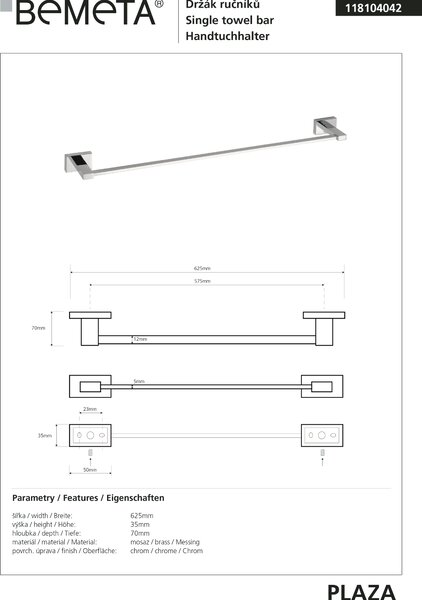 Bemeta Design PLAZA: Držiak uterákov, 575 mm - 118104042