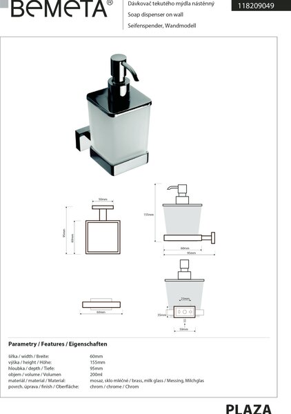 Bemeta Design PLAZA: Dávkovač mydla, 200 ml - 118209049