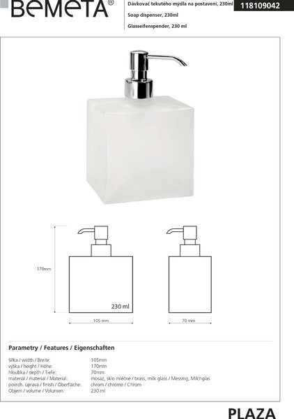 Bemeta Design BETA: Dávkovač mydla, 230 ml, na postavenie - 118109042