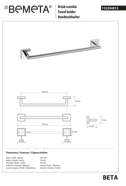 Bemeta Design BETA: Držiak uterákov, 300 mm - 132204012
