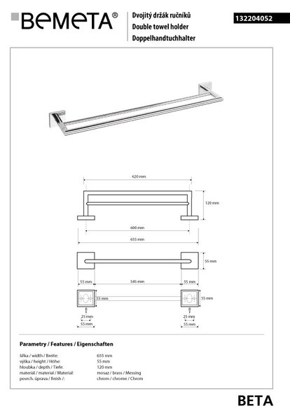 Bemeta Design BETA: Držiak uterákov, 600 mm, dvojitý - 132204052