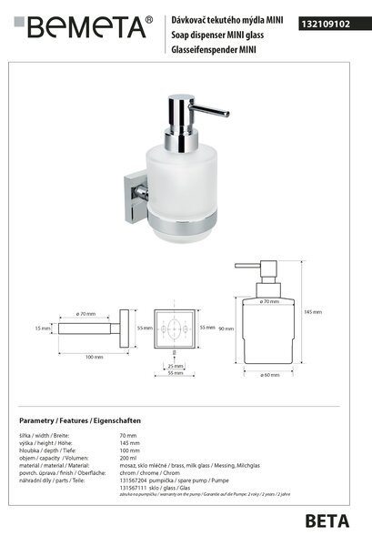Bemeta Design BETA: Dávkovač mydla, 200 ml - 132109102