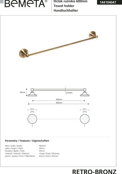 Bemeta Design RETRO bronz: Držiak uterákov, 600 mm - 144104047