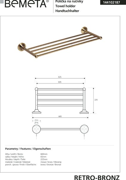 Bemeta Design RETRO bronz: Držiak uterákov, 605 mm - 144102187