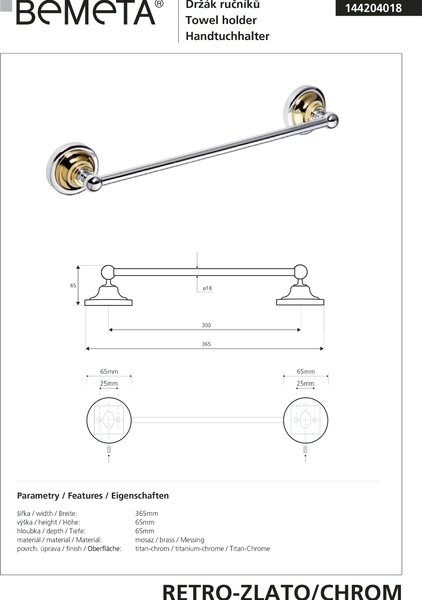 Bemeta Design RETRO gold-chrom: Držiak uterákov, 300 mm - 144204018