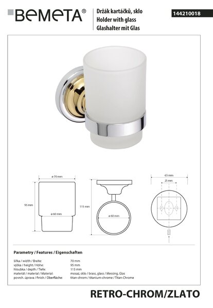 Bemeta Design RETRO gold-chrom: Držiak kefiek, sklo - 144210018