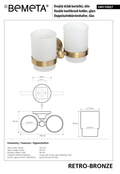Bemeta Design RETRO bronz: Držiak kefiek, dvojitý, sklo - 144110027