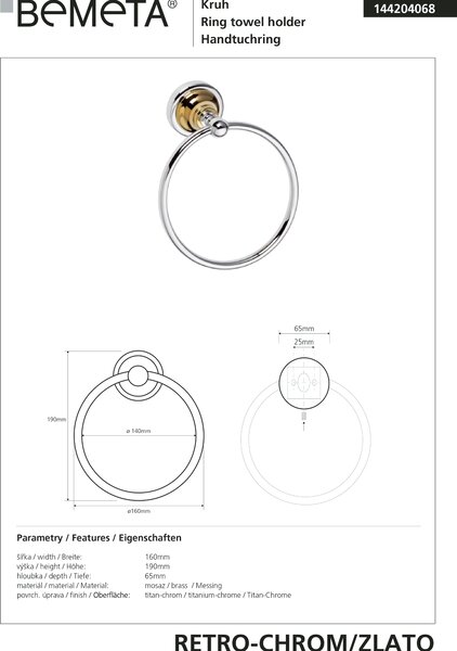 Bemeta Design RETRO gold-chrom: Držiak uterákov, kruhový - 144204068