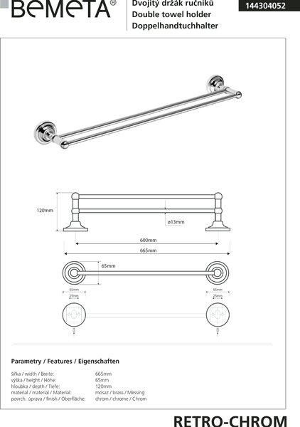 Bemeta Design RETRO chróm: Držiak uterákov, 600 mm, dvojitý - 144304052