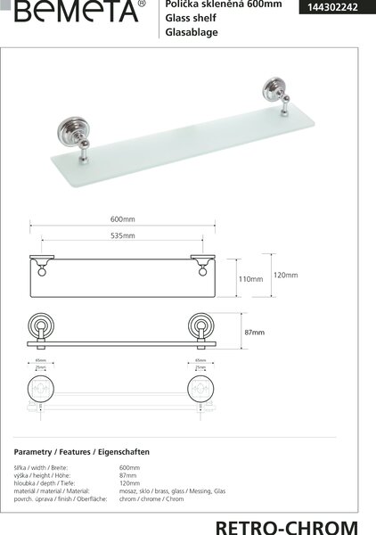 Bemeta Design RETRO chróm: Polička, 600 mm, sklo - 144302242