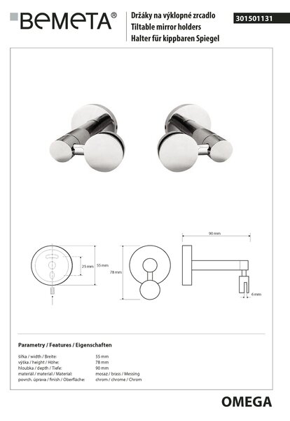 Bemeta Design OMEGA: Držiaky na výklopné zrkadlo, 2 ks - 301501131