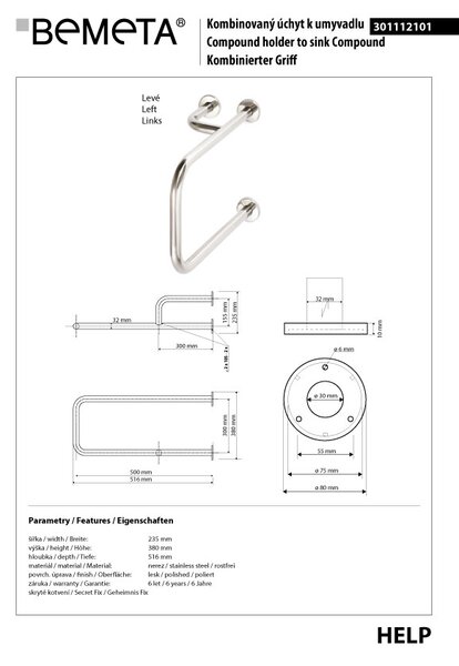 Bemeta Design HELP: Madlo, s dvojitým kotvením, k umývadlu, ľavé, s krytkou, lesk - 301112101