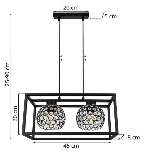 Závesné svietidlo Crystal Cage, 2x čierne krištáľové tienidlo v kovovom ráme