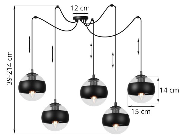 Závesne svietidlo Toledo Spider, 5x čierne/transparentné sklenené tienidlo, B