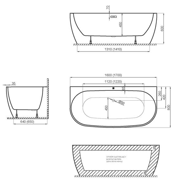 Polimat Akrylátová voľne stojaca vaňa k stene Risa 160x80 POLIMAT-Rozmery: 160x80, POLIMAT-Farba vane: Biela / biela lesk