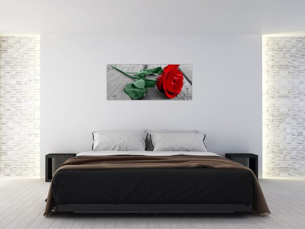 Obraz - Červená ruža so zelenou stonkou (120x50 cm)