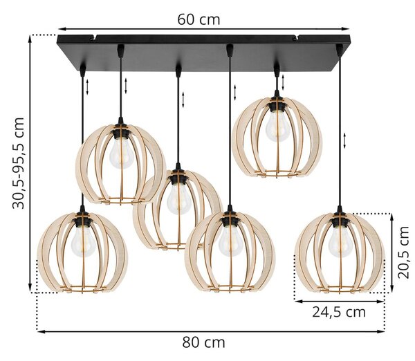Závesné svietidlo Timber 9, 6x drevené tienidlo